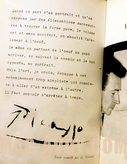 texte de Picasso pour son portrait par Mac Avoy